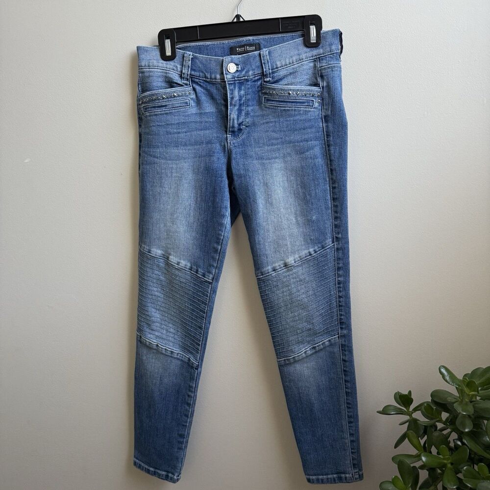 White House Black Market Jeans Women's  Blue Skinny Leg Moto Look Studs Size 4